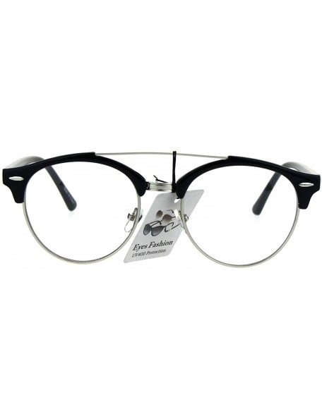 Round Mens Retro Hipster Half Horn Rim Clear Lens Eyeglasses - Black Silver - CI185R6ST7E $7.74