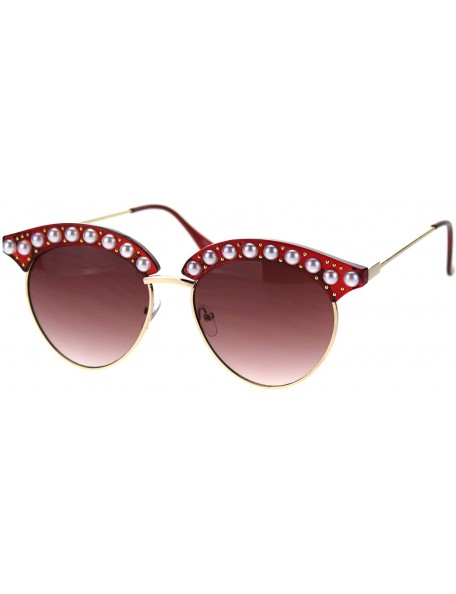 Round Womens Pearl Jewel Half Rim Chic Sunglasses - Red Gold Burgundy - C218SAQ2A2O $9.84