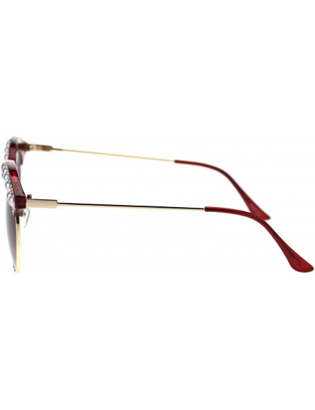 Round Womens Pearl Jewel Half Rim Chic Sunglasses - Red Gold Burgundy - C218SAQ2A2O $9.84