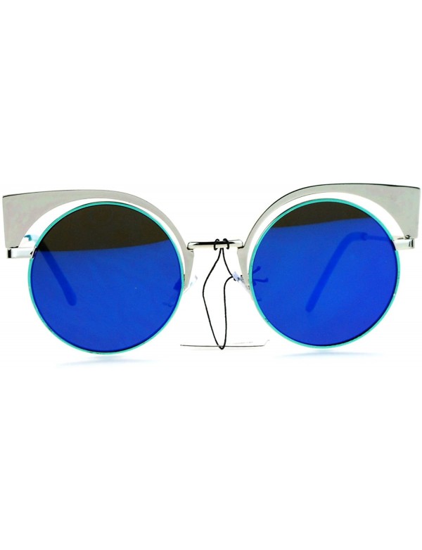 Cat Eye Color Mirror Metal Eyebrow Cat Eye Round Circle Lens Sunglasses - Silver Mint Blue - C612LXI48LL $10.55