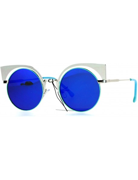 Cat Eye Color Mirror Metal Eyebrow Cat Eye Round Circle Lens Sunglasses - Silver Mint Blue - C612LXI48LL $10.55