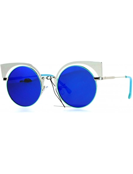 Cat Eye Color Mirror Metal Eyebrow Cat Eye Round Circle Lens Sunglasses - Silver Mint Blue - C612LXI48LL $10.55