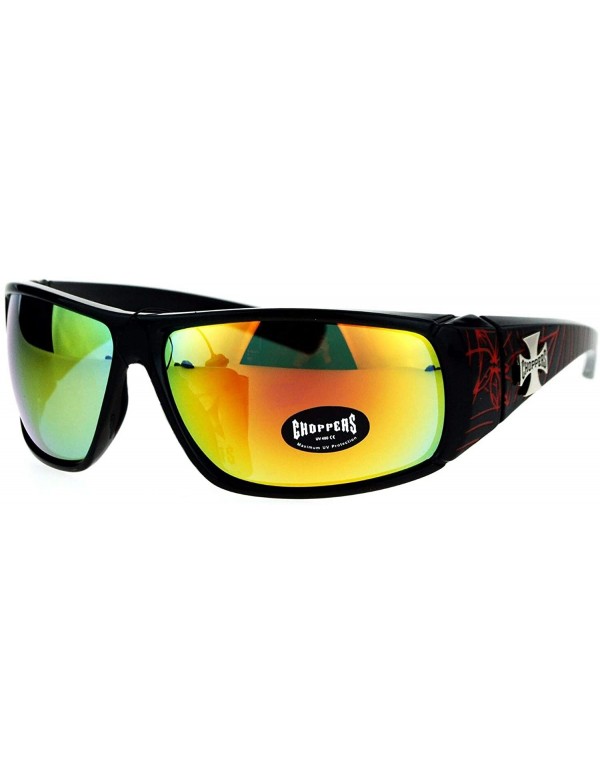 Shield Sunglasses Mens Biker Wrap Around Shield Frame Spider Webs - Black Red (Orange Mirror) - CL186OU93OI $9.76