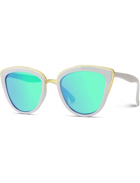 Round Womens Cat Eye Mirrored Reflective Lenses Oversized Cateyes Sunglasses - White Frame / Mirror Green - C512GXRHF21 $19.49