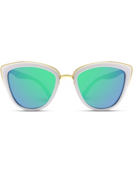 Round Womens Cat Eye Mirrored Reflective Lenses Oversized Cateyes Sunglasses - White Frame / Mirror Green - C512GXRHF21 $19.49