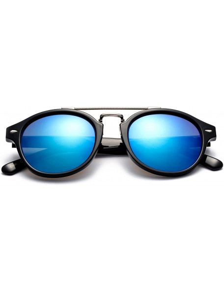 Round Modern Celeb Design Round Vintage Look Fashion Mirrored Sunglasses - Black/Blue - C117YEM30XC $10.19