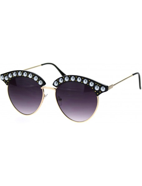 Round Womens Pearl Jewel Half Rim Chic Sunglasses - Black Gold Smoke - CG18SAR2ZK7 $13.21