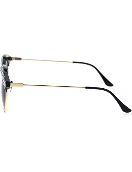 Round Womens Pearl Jewel Half Rim Chic Sunglasses - Black Gold Smoke - CG18SAR2ZK7 $13.21