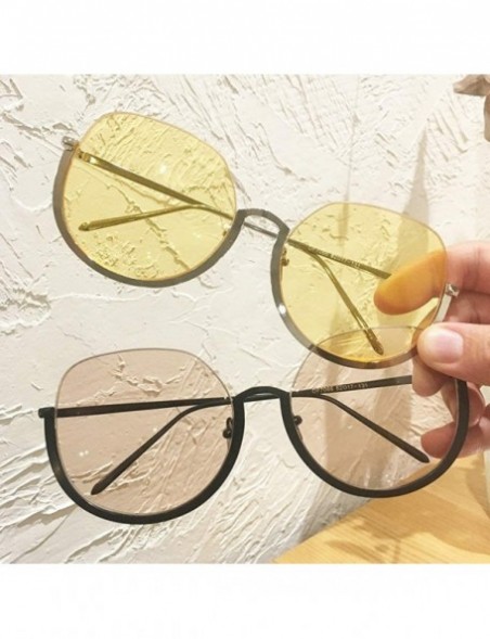 Round Retro Round Frame Sunglasses Female Metal Half Frame Men Brown Big Box sunglasses - Yellow - CM18WZXDDAY $10.93