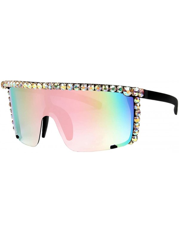 Wrap Rhinestone Oversize Shield Visor Sunglasses Flat Top Mirrored Mono Lens - Rainbow Mirror - C818XTU2CSL $15.50