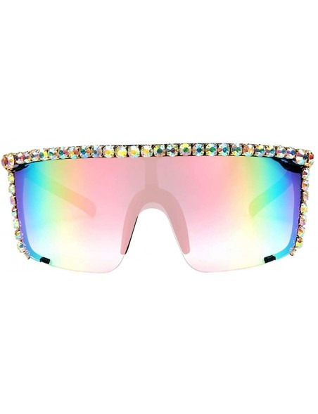 Wrap Rhinestone Oversize Shield Visor Sunglasses Flat Top Mirrored Mono Lens - Rainbow Mirror - C818XTU2CSL $15.50