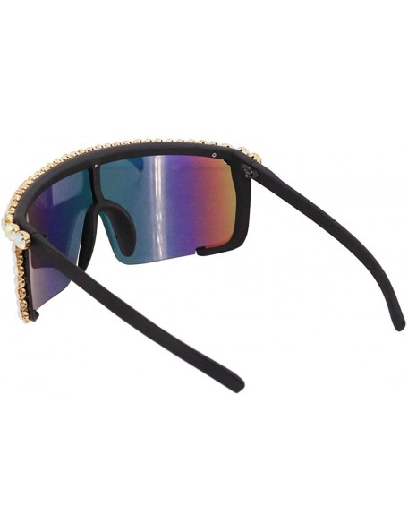 Wrap Rhinestone Oversize Shield Visor Sunglasses Flat Top Mirrored Mono Lens - Rainbow Mirror - C818XTU2CSL $15.50