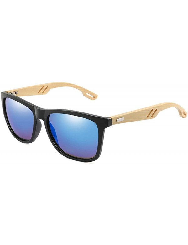 Square Bamboo Wood Arms Sunglasses Women Men Classic Square Driving Glasses - Bright Black Blue - CG192I5IN0E $12.45