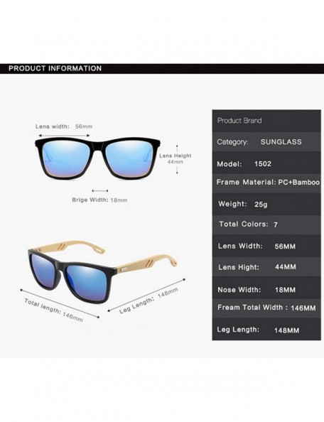 Square Bamboo Wood Arms Sunglasses Women Men Classic Square Driving Glasses - Bright Black Blue - CG192I5IN0E $12.45