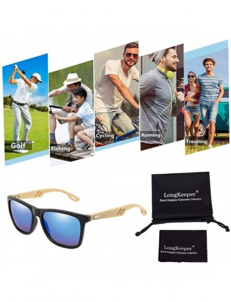 Square Bamboo Wood Arms Sunglasses Women Men Classic Square Driving Glasses - Bright Black Blue - CG192I5IN0E $12.45