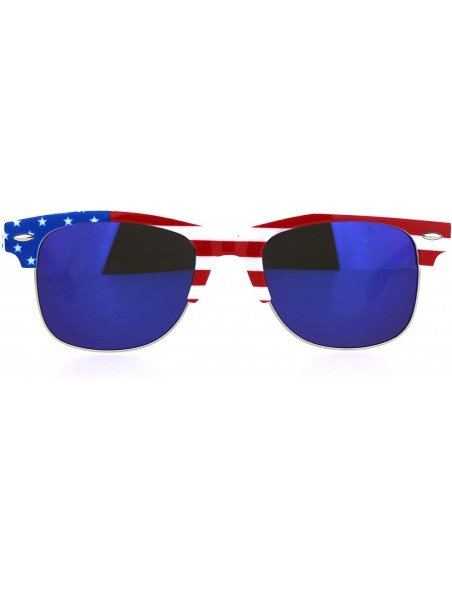 Rectangular Mens American Flag Print Half Horn Rim Hipster Sunglasses - White Blue Mirror - CD18LNO5D22 $7.98