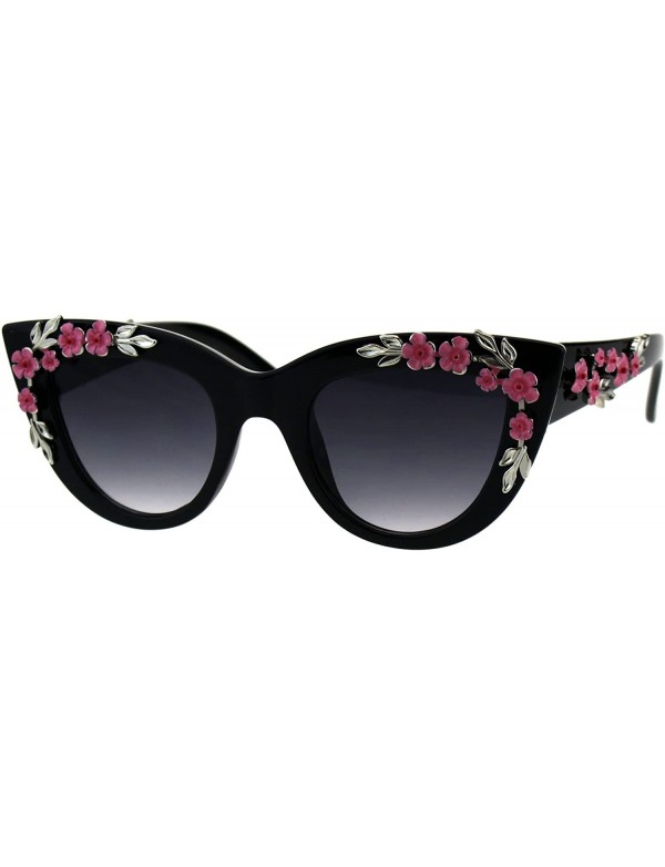 Oversized Womens Bling Metal Floral Jewel Thick Plastic Cat Eye Mod Sunglasses - Black Smoke - CD18G2UI9ZT $10.45