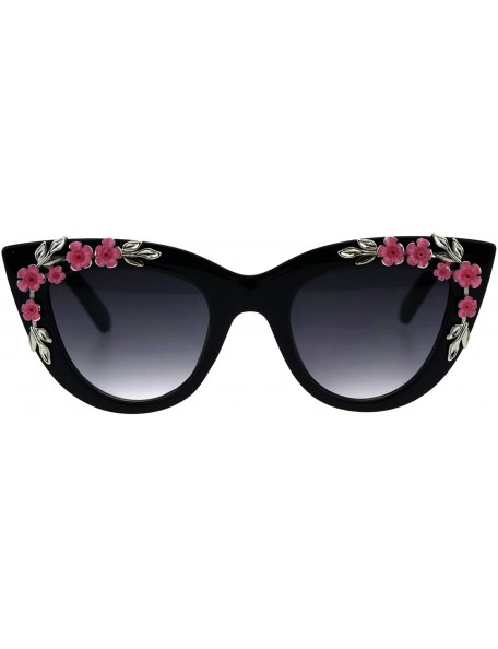 Oversized Womens Bling Metal Floral Jewel Thick Plastic Cat Eye Mod Sunglasses - Black Smoke - CD18G2UI9ZT $10.45