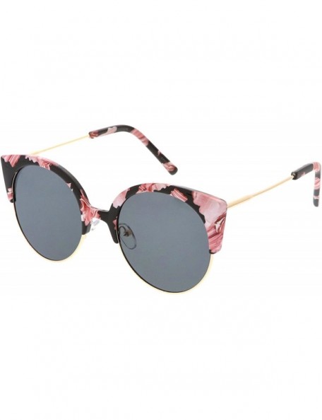 Rimless Women's Half Frame Ultra Slim Arms Round Flat Lens Cat Eye Sunglasses 53mm - Black Red Gold / Smoke - CN184RAT8WT $14.30