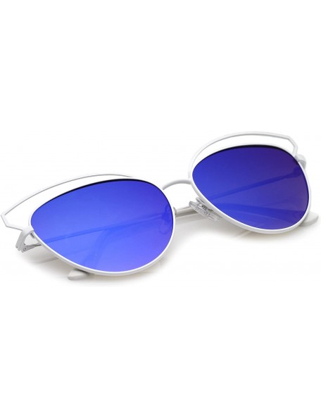 Cat Eye Women's Open Metal Frame Colored Mirror Oversize Cat Eye Sunglasses 58mm - White / Blue Mirror - CY12O7QAFWU $10.94