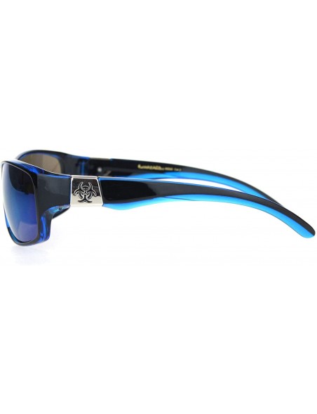 Rectangular Biohazard Mens Warp Around Biker Style Sport Plastic Sunglasses - Black Blue Blue Mirror - CX18OTI03E6 $12.25