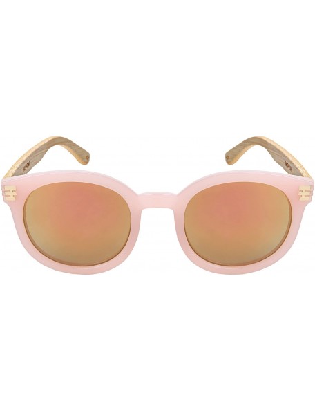 Round Retro Round Horned Rim Bamboo Sunglasses Wood Women Mirrored Lens 34124BM-REV - CI18C4U4ZQW $11.02