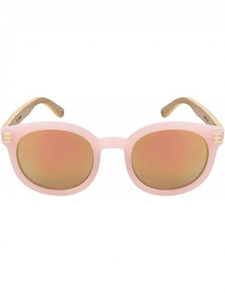 Round Retro Round Horned Rim Bamboo Sunglasses Wood Women Mirrored Lens 34124BM-REV - CI18C4U4ZQW $11.02