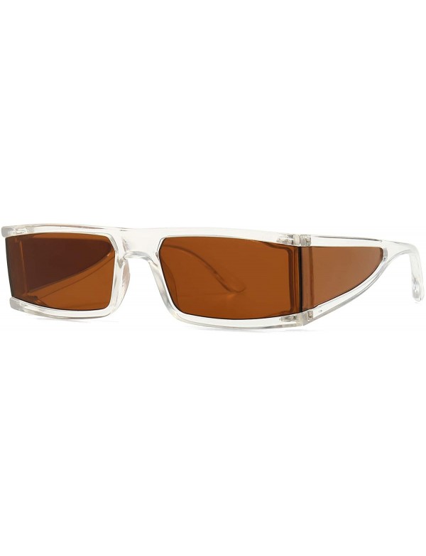 Wrap Small Rectangle Sunglasses Furturistic Rectangular Wrap Around Clout Goggles - White Frame Brown Lens - C41943Q5HGN $9.05