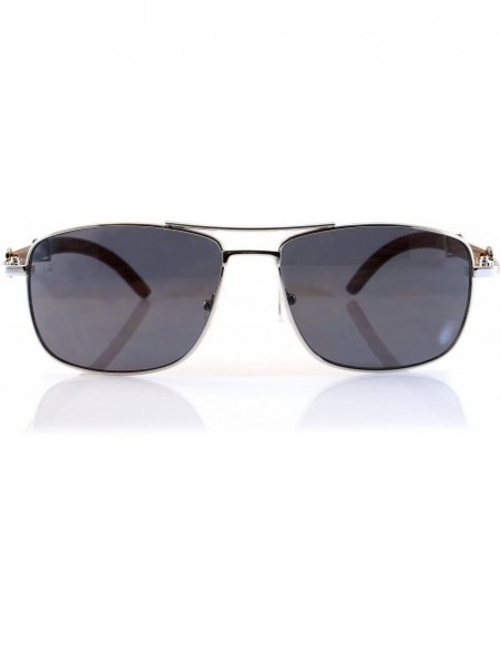 Aviator Unisex Vintage Officer Style Metal & Wood Rectangle Sunglasses A144 - Silver Brown/ Black Sd - CG18CG8T2A5 $16.65