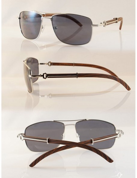 Aviator Unisex Vintage Officer Style Metal & Wood Rectangle Sunglasses A144 - Silver Brown/ Black Sd - CG18CG8T2A5 $16.65