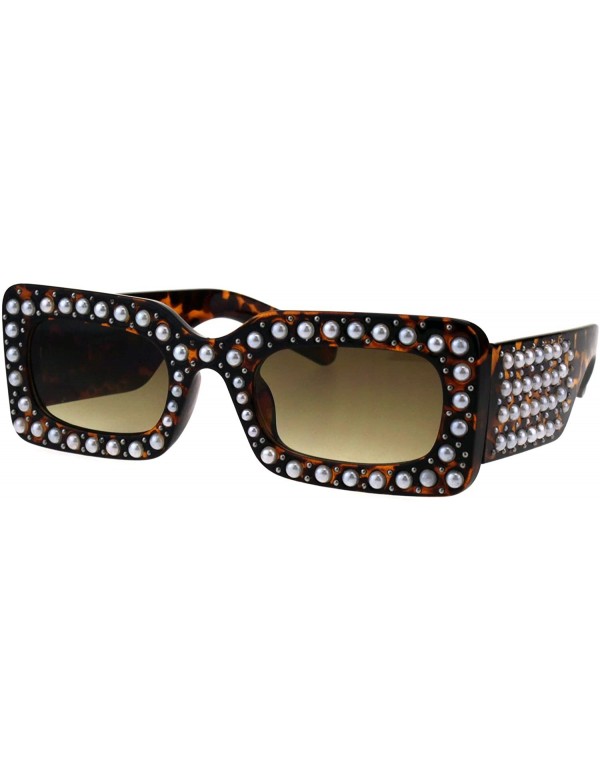 Rectangular Pearls Studded Sunglasses Womens Thick Rectangular Bold Fashion Shades - Tortoise - CM18EU9XLLR $13.21