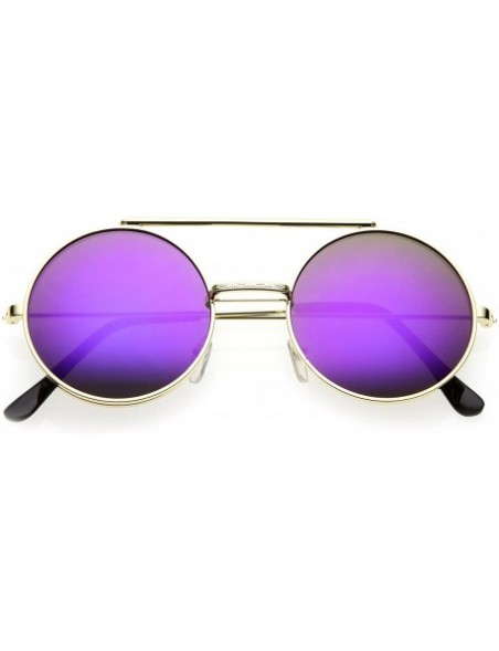 Goggle Mid Size Flip-Up Colored Mirror Lens Round Django Sunglasses 49mm - Gold / Purple Mirror - CG12MAX6H2X $12.19