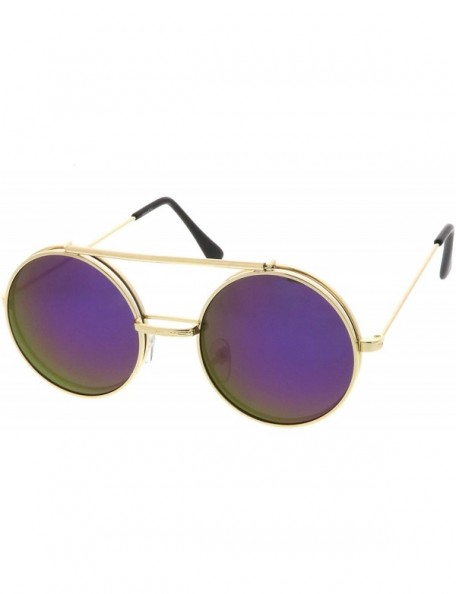 Goggle Mid Size Flip-Up Colored Mirror Lens Round Django Sunglasses 49mm - Gold / Purple Mirror - CG12MAX6H2X $12.19