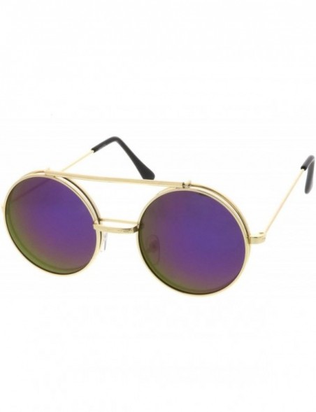 Goggle Mid Size Flip-Up Colored Mirror Lens Round Django Sunglasses 49mm - Gold / Purple Mirror - CG12MAX6H2X $12.19