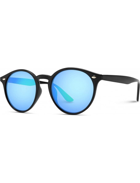 Shield Classic Small Round Retro Sunglasses - Black Frame / Mirror Blue Lens - CK125MDUJAB $12.83