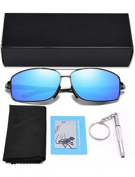 Rectangular Polarized Sunglasses for Men Driving Fishing Mens Sunglasses Rectangular Metal Frame 100% UV Protection - Blue - ...