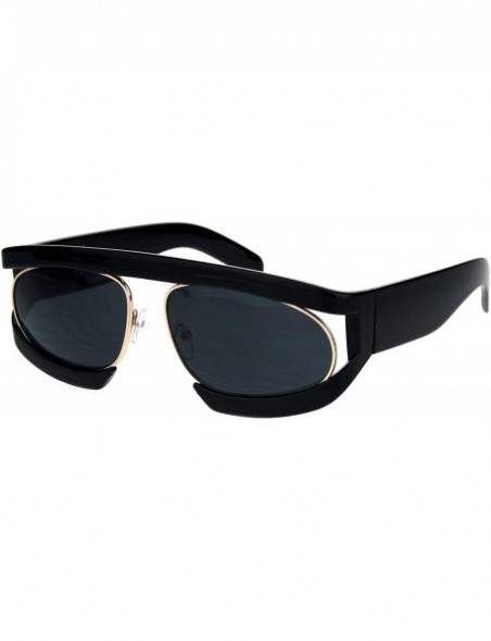 Oval Retro Flat Top Double Rim Vintage Mobster Thick Plastic Sunglasses - All Black - C418L3N3ND9 $10.71