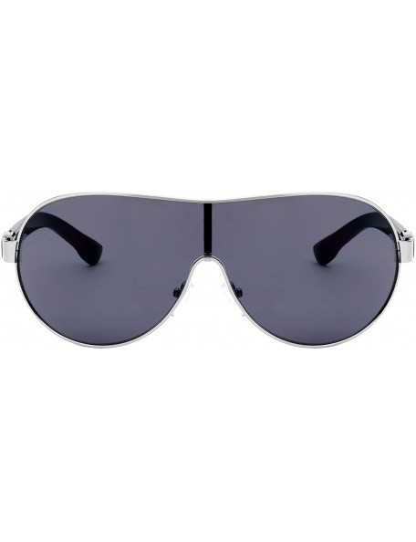 Shield Thick Color Temple Thin Frame Curved One Piece Shield Lens Sunglasses - Black Silver - CS199HZ5UC2 $18.81