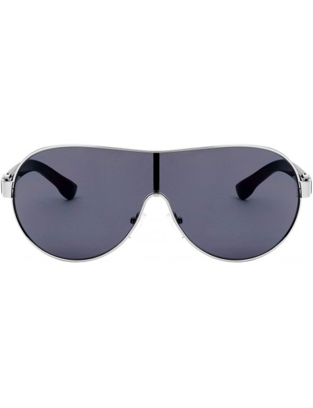 Shield Thick Color Temple Thin Frame Curved One Piece Shield Lens Sunglasses - Black Silver - CS199HZ5UC2 $18.81