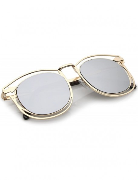 Wayfarer Oversize Open Metal Arrow Round Mirror Flat Lens Horn Rimmed Sunglasses 55mm - Gold / Silver Mirror - C1182EXMGQK $1...