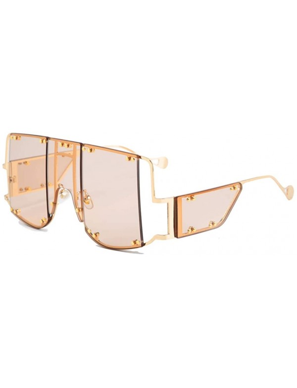 Oversized Rivets Square Oversized Women Sunglasses Side Shields Men Metal Hollow Vintage - Light Brown - C1196AUZZ07 $11.50