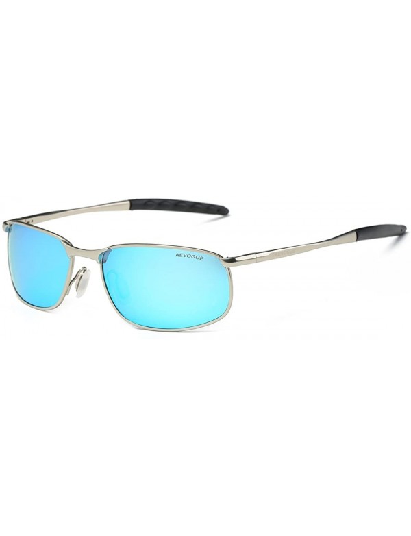 Rectangular Polarized Sunglasses For Men Rectangle Metal Frame Retro Sun Glasses AE0395 - Silver&blue - C517YAM79MD $14.08