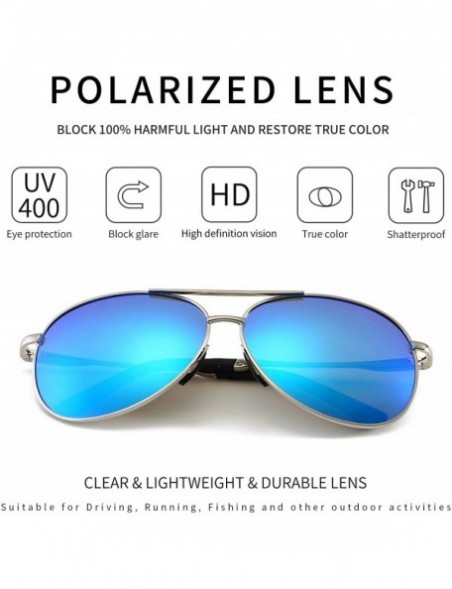 Round Premium Military Style Classic Aviator Sunglasses with Spring Hinges - Silver Frame Blue Mirror Lens - CJ18QSNE0CY $16.39