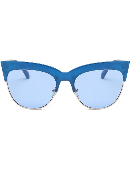 Oversized Women Half Frame Round Cat Eye Fashion Sunglasses - Blue - CJ18IS2TSRK $11.06