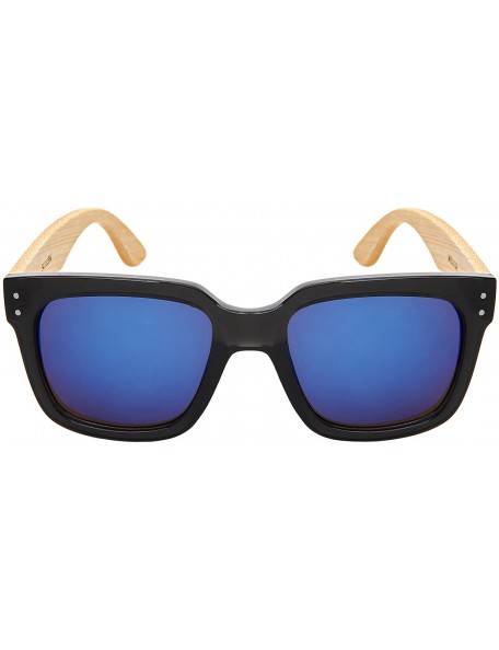 Square Wood Bamboo Square Sunglasses for Men Women with Mirrored Lens 541102BM-REV - CT18OHIZ7DY $12.59