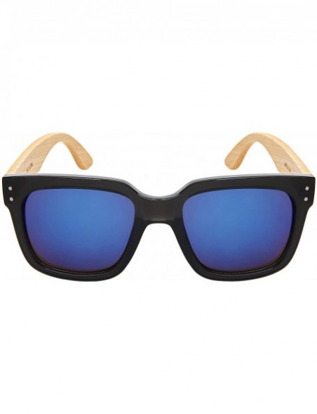 Square Wood Bamboo Square Sunglasses for Men Women with Mirrored Lens 541102BM-REV - CT18OHIZ7DY $12.59