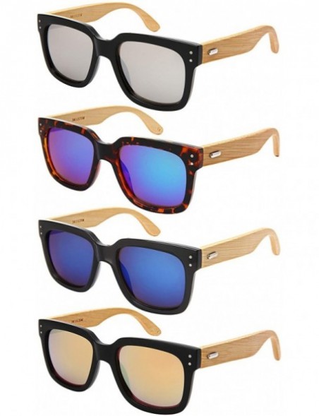 Square Wood Bamboo Square Sunglasses for Men Women with Mirrored Lens 541102BM-REV - CT18OHIZ7DY $12.59