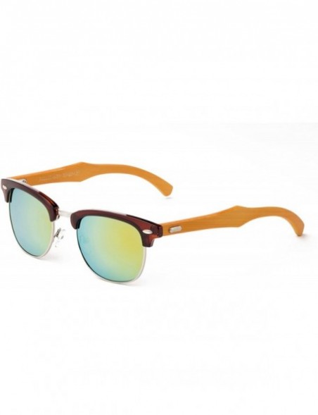 Round "Copter Flash" Vintage Design Fashion Sunglasses Real Bamboo - Brown/Silver/Yellow - CR12M1OCOF3 $12.76