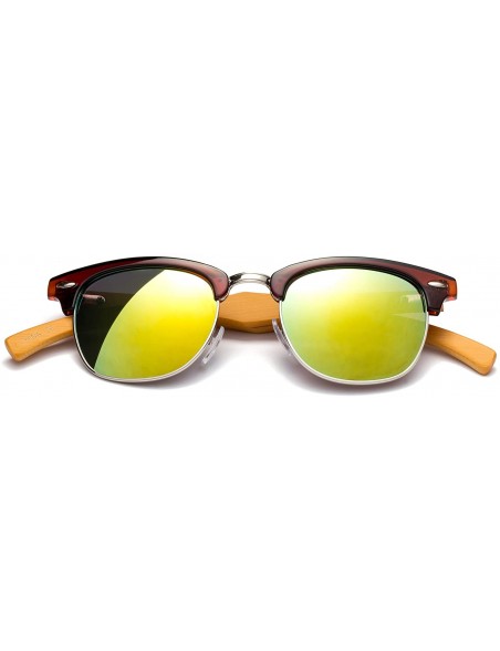 Round "Copter Flash" Vintage Design Fashion Sunglasses Real Bamboo - Brown/Silver/Yellow - CR12M1OCOF3 $12.76