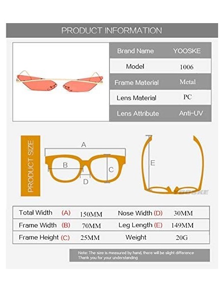 Rectangular Narrow Cat Eye Rimless Sunglasses Women Vintage Designer Men Eyewear Shades Sun Glasses - Gold - CN18Y6HTUUW $28.84